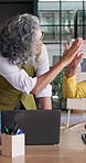 Realtor, celebration and high five with laptop in office for property sale, report or good news. Business people, applause or broker with tech for valuation, growth and approval at real estate agency