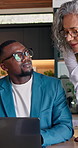 Realtor, people and meeting with laptop for property development, report or proposal in office. Businessman, women and broker with tech for valuation, conversation and planning at real estate agency