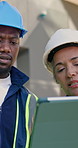 Construction, team and talk with tablet on site for digital blueprint, change order or phase update. People, architect or foreman on tech for building timeline, information request or clash detection