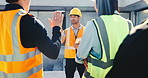 Team, meeting and builder with hands raised for question, construction training or project schedule. Man, speaker or contractor talking to group with answer for building security or safety briefing