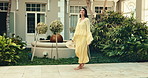 Travel, smile and woman in hotel with dance, getaway excitement and happy moment on summer trip. Stroll, wellness and mature person with spin movement, vacation enjoyment and having fun at resort.