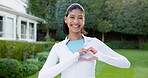 Face, fitness and heart hands of woman in neighborhood for commitment or dedication to training. Cardio, exercise and proud with happy runner outdoor in residential community for health workout