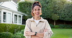 Arms crossed, fitness and laugh with woman in neighborhood for commitment or dedication to cardio. Exercise, face and happy with mature runner outdoor in residential community for health workout