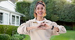 Face, fitness and heart hands of woman in neighborhood for commitment or dedication to training. Emoji, exercise and laughing with mature runner outdoor in residential community for cardio workout
