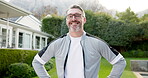 Face, fitness and smile of man in neighborhood for commitment or dedication to cardio training. Exercise, happy and proud with mature runner outdoor in residential community for health workout