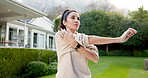 Fitness, start and stretching with woman in neighborhood for commitment or dedication to training. Cardio, exercise and warm up with mature runner outdoor in residential community for health workout