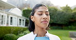 Yoga, woman or breathing outdoor for mindfulness meditation, holistic wellness or fitness with peace. Person, grounding exercise and calm for mental balance, anxiety relief or fresh air at backyard