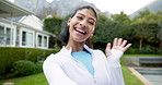 Face, wave and fitness woman in backyard with live stream, advice and content creation for exercise. Happy, person and influencer talk outdoor by home with hello, POV or workout tips on social media.