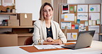 Logistics, startup and portrait by laptop of business woman with boxes, paperwork and delivery. Shipping, technology and supplier person in office for dropshipping, supply chain and distribution