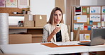 Logistics, entrepreneur and happy woman with phone, speaker and discussion with contact on website. Small business, voice note and person with mobile, talk or message for order update on social media