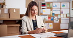 Ecommerce, woman and typing in office with phone, search website data and online store trend ideas. Happy, person and search in small business with tech, app insights or stats for sales optimization.