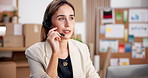 Woman, agent or laptop with headset in office for online shipping, support or customer service. Female person, logistics or agent talking with computer for small business, CRM or virtual assistance