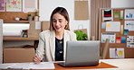 Logistics, dance and business woman with music for writing information, laptop and startup. Energy, tech and happy supplier person with earpods for dropshipping, supply chain or distribution list