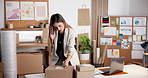 Logistics, startup and business woman on phone call with boxes, writing information and delivery. Shipping, technology and supplier person in office for dropshipping, supply chain and distribution