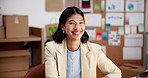 Face, logistics or happy woman in office for small business management, shipping or distribution. Portrait, female person or entrepreneur with smile or boxes for job, supply chain or online startup