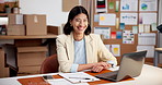 Face, woman and happy in ecommerce with laptop, supply chain management and submit sales data report. Retail seller, person and smile in small business with computer, logistics stats and research.