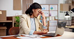 Ecommerce, woman and laptop with headache for stress, shipping stats error and tired from eye strain. Person, wrong glasses prescription and migraine in small business with computer, data or mistake.