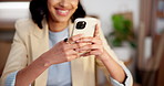 Hands, phone and business woman in office for social media, event planning promotion or online post. Mobile, happy person and typing text message for venue campaign, email marketing and update