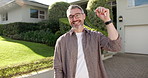 Face, man and smile at new house with key, moving in and homeowner for real estate approval. Portrait, mature person and happy outdoor for relocation, property purchase and neighborhood of first home
