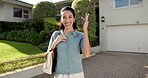 Face, woman and smile at new house with key, moving in and homeowner for real estate approval. Portrait, mature person and happy outdoor for relocation, property purchase and achievement of ownership