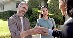 Happy, couple and handshake at new home with realtor, negotiation or success for property investment. Outdoor, married people and shaking hands by house with real estate agent, deal and relocation.