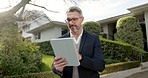 Home, businessman and tablet in front yard for real estate, property viewing or check HOA regulation. Realtor, mature person and typing outdoor by house with tech, planning and research neighborhood.