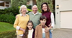 Face, real estate and smile of family in front yard of home together for investment or mortgage. Children, grandparents and happy mother on driveway of property for future security, love or support