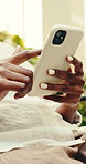 Phone, hands and woman scroll on social media connectivity, text message or check notification. Mobile, relax and person on internet search, browsing website or blog at garden outdoor