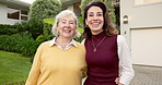 Face, senior mother and woman outdoor for new home, property purchase or pride for future security. Front yard, elderly mom and adult daughter with laugh for house investment, support and achievement