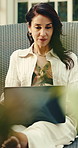 Laptop, vacation or woman on lounger to relax, luxury travel or typing blog as digital nomad. Computer, holiday and mature person with article for hotel critic, freelance review or reading story