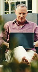 Laptop, vacation or man by pool to relax, luxury travel blog or typing email for digital nomad. Computer, holiday or happy mature person on lounger with tourist article, freelance review or story