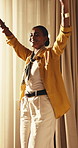 Happy, woman and dance in hotel room with vacation, good mood and positive energy for overseas trip. Tourist, person smile and stress relief in lodge with international holiday, celebration or unwind