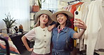 Fashion, funny face and selfie with women in shopping mall for consumerism or small business retail. Hat, picture and social media with happy friends in clothes boutique for bargain, purchase or sale