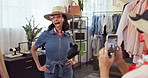 Fashion, phone and photograph with friends in shopping mall for consumerism or small business retail. Hat, picture and sunglasses with happy women in clothing boutique for bargain, purchase or sale