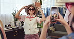 Fashion, phone and photograph with women in shopping mall for consumerism or small business retail. Hat, picture and sunglasses with happy friends in clothing boutique for bargain, purchase or sale