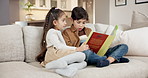 Love, reading or children on sofa with book, siblings storytelling or bonding in weekend hobby. Childcare, fantasy or kids in home with story, quality time or family connection in literature activity