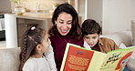 Love, mother or children on sofa with book, parent storytelling or bonding in reading hobby. Childcare, happy mom or kids in home with story, quality time or family connection in literature activity.