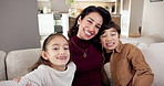 Mom, children and face with selfie in home for holiday, weekend break or mothers day together. Portrait, parent and smile with kids or siblings on sofa for capture moment, memory or picture in house