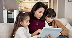 Ebook, tablet and mother reading to kids on sofa in living room together for bonding or break. Digital, storytelling app and woman with sibling children in family home for development or learning