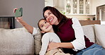 Daughter, mother and selfie on phone in home living room for bonding, family love or memories. Photograph, relax and smile of single parent woman hugging girl child in apartment for profile picture