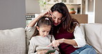 Daughter, mother and scrolling on phone in home living room for social media help or safety. App, bonding and relax with single parent woman teaching girl child how to browse internet as family