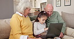 Grandparents, talk and child with laptop in home, elearning or senior people with skill development. Digital literacy, knowledge and family with tech, discussion and bonding with girl in living room