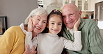 Senior, face and grandparents with child in home for retirement, weekend or bonding together. Portrait, grandma and grandpa with girl, smile or love for holiday visit, break or quality time in house