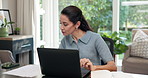 Remote work, document or woman in home office with laptop, forecast or growth plan in finance review. WFH, digital or mature advisor with paper, budget outlook or report draft on revenue projection.