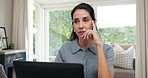 Remote work, thinking or woman in home office with laptop, funding proposal or insight in budget review. WFH, digital or mature finance advisor with tech, risk evaluation or investment idea for pitch