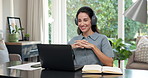 Headphones, video call and woman with laptop in home office, freelancer or online coach with advice. Remote work, business advisor and happy mature person with tech, talk and virtual meeting in house