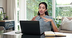 Video call, advice and woman with laptop in home office, remote work or online coach with paperwork. Freelance, business advisor and mature person with earphones, happy and virtual meeting with tech