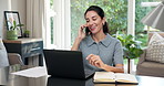 Phone call, remote work and woman in home office with laptop, financial document or asset management. Tech, freelancer talking or happy mature person with investment report for revenue projections