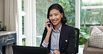 Phone call, freelancer and woman in house with laptop, financial report or asset management advice. Tech, remote work or happy advisor with investment feedback, explain steps and talking to client