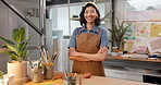 Pottery, happy or woman in workshop with arms crossed, clay artist or pride in creative industry. Smile, ambition or artisan with confidence, craftsman career or about us as handmade ceramic designer